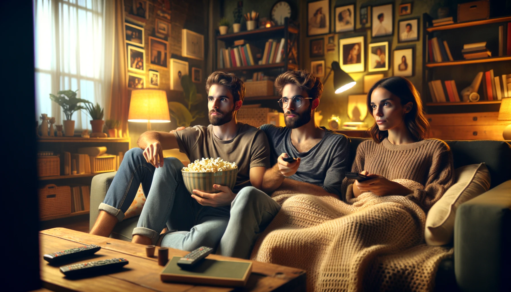 Three young friends are relaxing on a sofa in a cozy living room, watching a film on a large TV screen